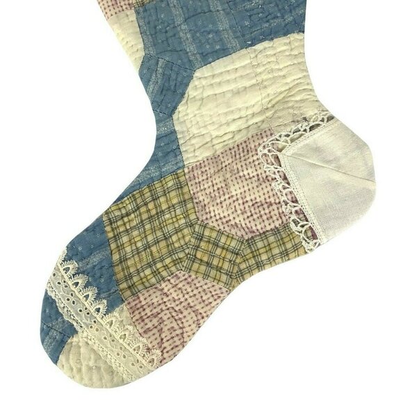 Handmade Patchwork Quilt Christmas Stocking With Lace Trim Blue Satin Ribbon Top - Picture 3 of 4